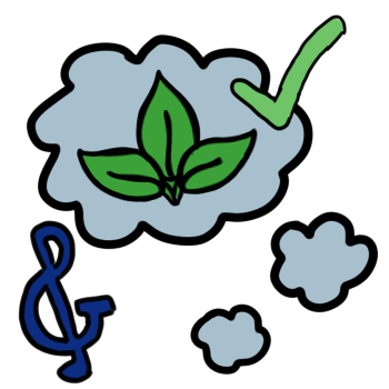 A thought bubble with the endogenic three-leaf symbol. It has a big green checkmark on the edge of the thought bubble. Next to the thought bubble is a blue treblesand.